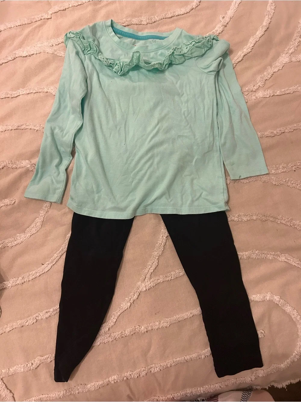 Cat & Jack Mint Green Ruffle Shoulder Long-Sleeve Top and black leggings